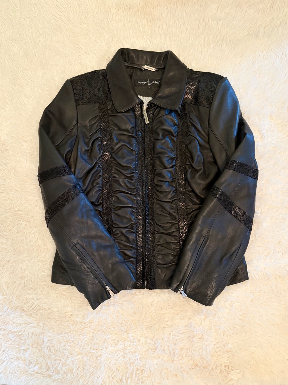 Iconic Y2K-era Baby Phat jacket premium black leather ruching and snakeskin Sz L